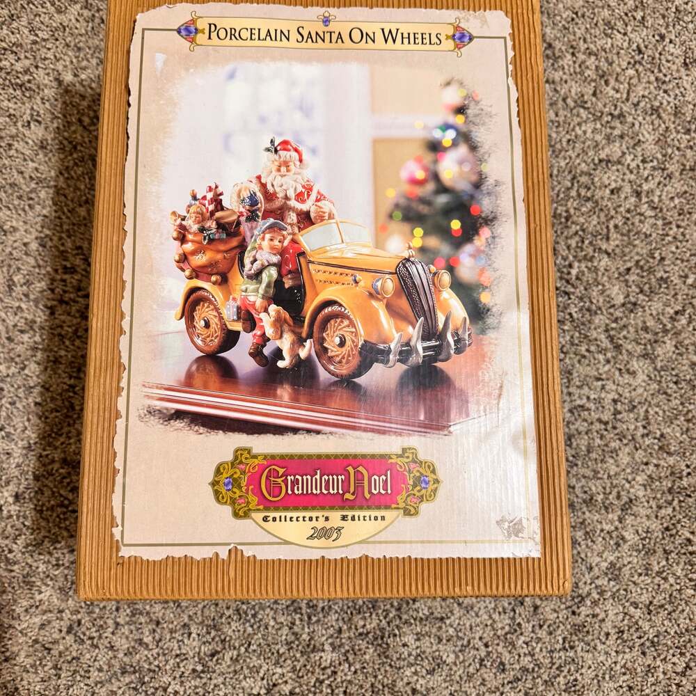 Porcelain Santa on Wheels Collector's Edition 2003 Grandeur Noel Yellow Car Dog